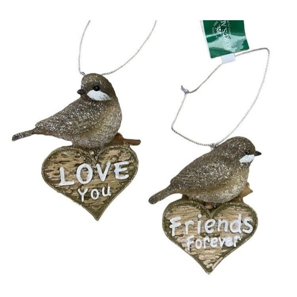 Kurt Adler Brown Love You & Friends Forever Heart Birds Christmas Ornament Lot